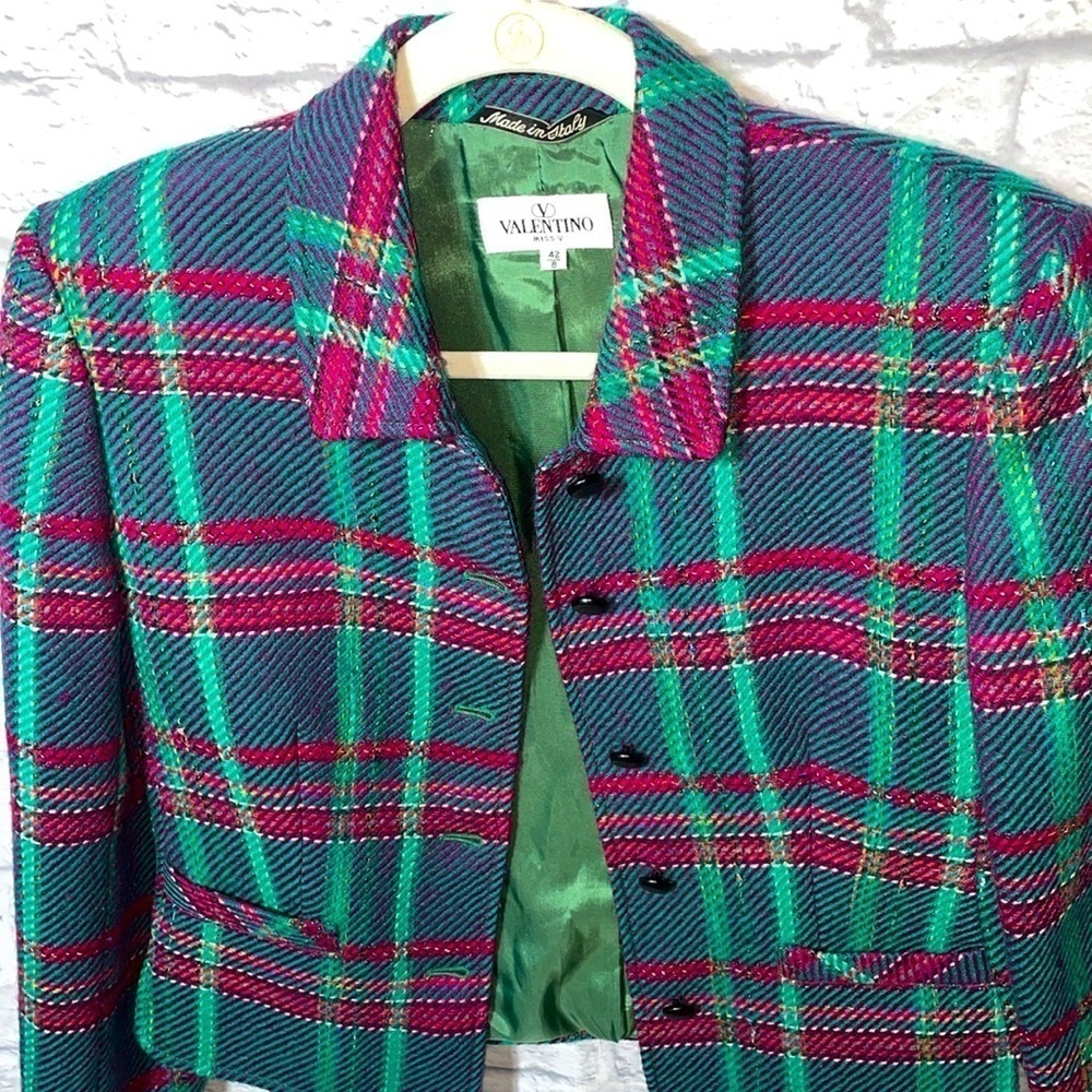 Vintage Valentino Miss V Classic Plaid Wool Button Down Blazer Cardigan Jacket - Picture 7 of 10